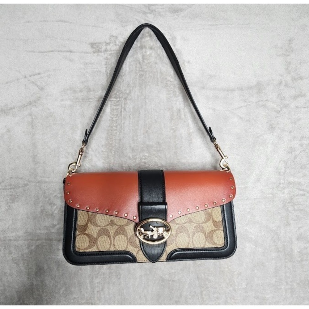 Coach Multicolor Signature Canvas Shoulder Bag with Brown and Black Trim